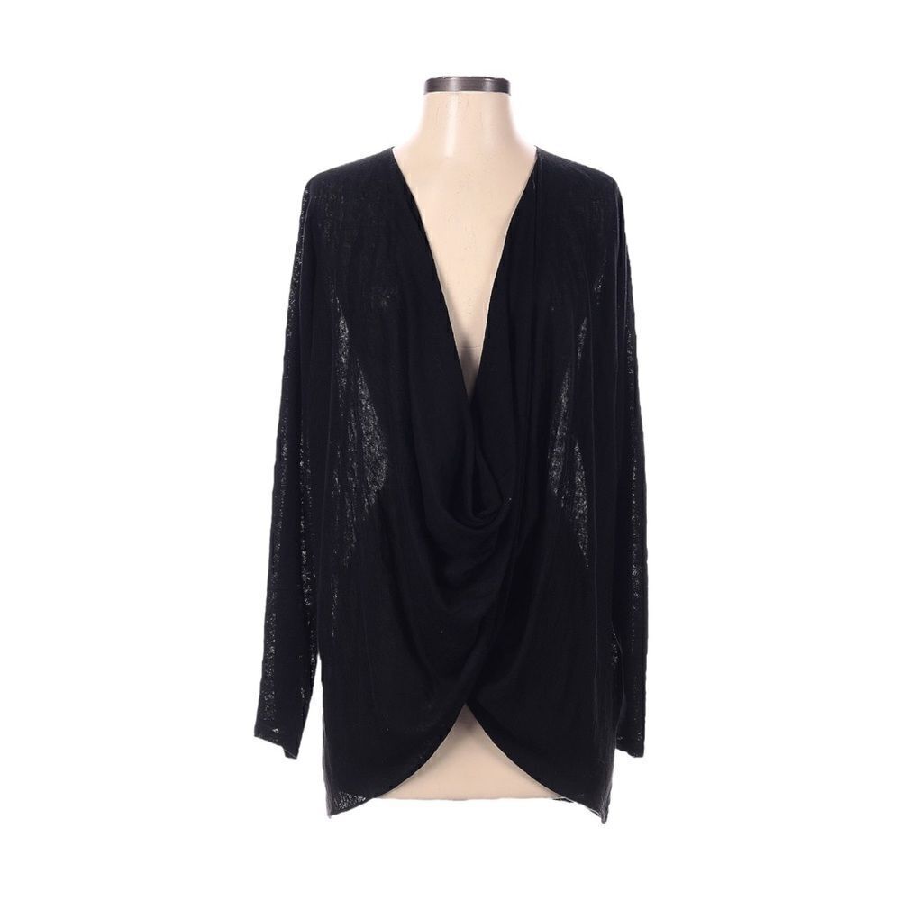 Eileen Fisher XS Black Organic Linen Cotton Drape Front Cardigan Twist Cowl Hem